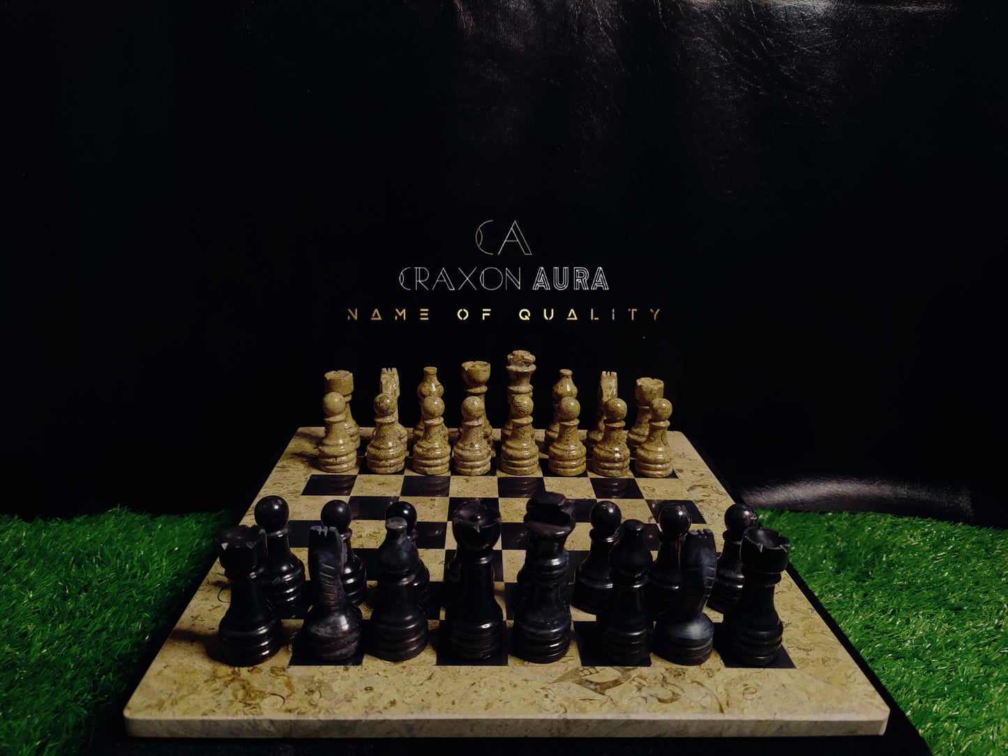 12" Black/Fossil Marble Chess Set