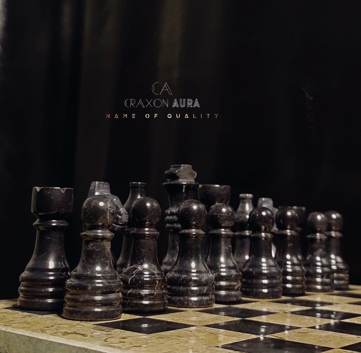 12" Black/Fossil Marble Chess Set